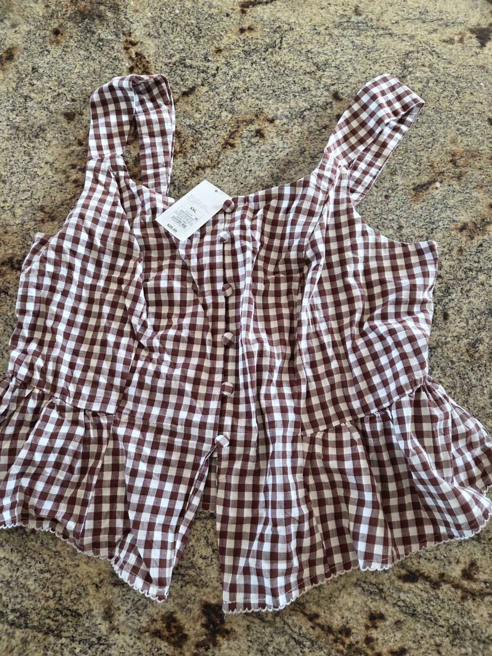 Women’s Gingham Button-Front Peplum Tank Top - Brown/White NEW WITH TAG